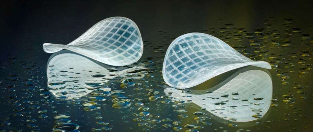 Two plastic biofilm carriers on a watery surface